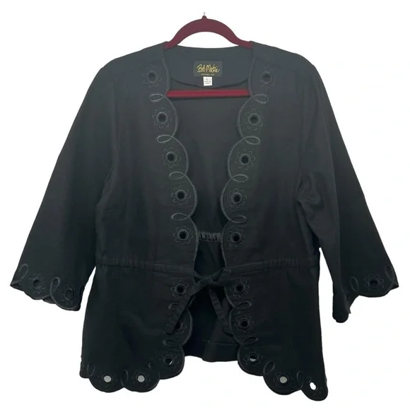 Bob Mackie Art To Wear Black Cotton Floral Eyelet Tie Waist Jacket Womens Large - Picture 8 of 11